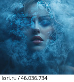 A girl partially hidden by thick blue smoke. Her face expresses calm and mystery, emphasized by the soft light. Her eyes are closed, and her makeup is done in blue tones, in harmony with the general atmosphere. Glossy lips add sensuality to the portrait. The smoke creates a textured background, adding a mystical and ephemeral atmosphere to the image, as if she is in a fantasy or dream world. Стоковое AI-изображение, AI-художник Анна Кривицкая / Фотобанк Лори