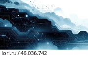 An abstract illustration combining elements of a digital circuit and stylized clouds. Black and dark blue lines, imitating printed circuit board tracks, intersect against a background of light clouds and shining dots, reminiscent of stars or digital nodes. The composition conveys a sense of the combination of technology and nature, creating an atmosphere of futurism and harmony. Стоковое AI-изображение, AI-художник Анна Кривицкая / Фотобанк Лори