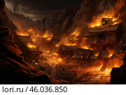 Burning village in the valley at night with fire spreading rapidly. Стоковое AI-изображение, AI-художник Иван Рябоконь / Фотобанк Лори