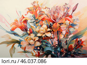 Colorful floral bouquet painting blooming with vibrancy. Стоковое AI-изображение, AI-художник Иван Рябоконь / Фотобанк Лори