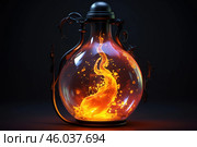 Magic potion inside a glass bottle with fire and swirling smoke on a dark background. Стоковое AI-изображение, AI-художник Иван Рябоконь / Фотобанк Лори