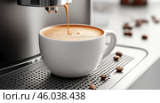 A cup of coffee in coffeemaking machine. Стоковое AI-изображение, AI-художник Katsiaryna Repich / Фотобанк Лори