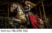 Artistic portrait of a woman in knightly armor on a carousel horse. The woman with long flowing hair and a crown on her head is dressed in detailed metal armor and a bright red cloak. The horse is decorated with exquisite ornaments in gold and bronze tones. The background is a carousel with soft warm lighting, creating an atmosphere of magic and medieval grandeur. Стоковое AI-изображение, AI-художник Анна Кривицкая / Фотобанк Лори