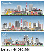 Perm, Kursk and Petrozavodsk Russia city skyline set with color buildings and blue sky. Стоковая иллюстрация, иллюстратор Игорь Сорокин / Фотобанк Лори