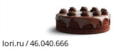 Whole Round Sacher torte wide long banner. Brown Chocolate famous Sachertorte cake with apricot jam on white background. Typical Austrian original brown sponge cake dessert with spreading cocoa glaze. Стоковое AI-изображение, AI-художник Марина Демидюк / Фотобанк Лори