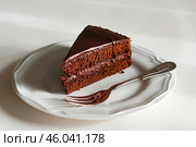 Piece of Sacher torte on white Plate. Brown portion slice of famous Sachertorte chocolate cake with apricot jam against white background. Typical Austrian original chocolate sponge cake dessert. Стоковое AI-изображение, AI-художник Марина Демидюк / Фотобанк Лори