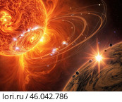 Magnetic storms on the sun. Massive fiery star with intense energy swirling around it. Spiral galaxy. Стоковое AI-изображение, AI-художник Коханова Наталья / Фотобанк Лори
