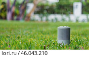 Automatic reinforced sensor stands on a green lawn, during the rain. Стоковое AI-видео, аниматор Zakharova Natasha / Фотобанк Лори