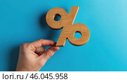 Wood percentage sign in a human hand. Blue studio background, copy space. Symbol percent. Seasonal sale, discount. Rate for finance, return. Investment ROI, credit, mortgage, tax, marketing, promotion. Стоковое AI-видео, аниматор Марина Демидюк / Фотобанк Лори