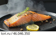 Hot smoked salmon fillet on a grill grid. Hot lox piece with steamed smoke. Black background. Salmon steak served lemon, herbs cooking grill barbecue. Grilled red fish dish. Frying trout. Menu, recipe. Стоковое AI-видео, аниматор Марина Демидюк / Фотобанк Лори