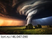 Supercell thunderstorm forming a tornado over green fields at sunset with lightning strikes. Стоковое AI-изображение, AI-художник Иван Рябоконь / Фотобанк Лори