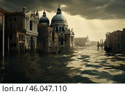 Venice is sinking, dramatic flooding engulfs santa maria della salute basilica. Стоковое AI-изображение, AI-художник Иван Рябоконь / Фотобанк Лори
