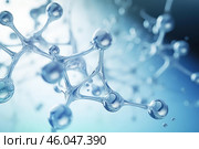 Abstract glass molecule structure reflecting light in blue and green tones. Стоковое AI-изображение, AI-художник Иван Рябоконь / Фотобанк Лори