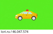 Taxi car on a green screen. Yellow taxi motion isolated on green background. Taxi cab is moving animated on chroma key backdrop. 2D Animation. 4K Video. Vehicle whose wheels are spinning and driving. Стоковое AI-видео, аниматор Марина Демидюк / Фотобанк Лори