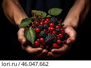 Farmer holding freshly picked blackberries and redcurrants. Стоковое AI-изображение, AI-художник Иван Рябоконь / Фотобанк Лори