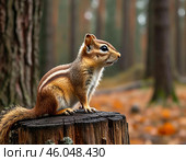 Бурундук синит на пне. Стоковое AI-изображение, AI-художник Руслан Лесков / Фотобанк Лори