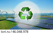 Green earth cover with Recycle symbol on green grass field on natural background. Waste and pollution elimination, clean and renewable energy concept, green world, eco friendly, environment day. Ecological problem, Green energy icon, background. Стоковое AI-видео, аниматор ALLA YURTAYEVA / Фотобанк Лори