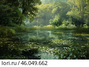 Enchanting pond reflecting lush green forest in a misty morning. Стоковое AI-изображение, AI-художник Иван Рябоконь / Фотобанк Лори