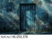 Old blue wooden door and barred window in crumbling wall. Стоковое AI-изображение, AI-художник Иван Рябоконь / Фотобанк Лори