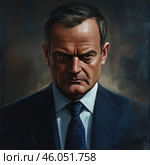 A mature man with a piercing, serious and slightly menacing gaze. He is dressed in a classic dark suit, white shirt and dotted tie. His facial expression is stern, with furrowed brows and pursed lips. The background of the image is done in dark tones, and the image itself has a painterly texture reminiscent of oil painting. The lighting emphasizes the severity of the facial features, creating a dramatic effect. Стоковое AI-изображение, AI-художник Анна Кривицкая / Фотобанк Лори
