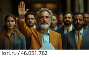 An older man with thick gray hair and a beard, wearing a mustard-yellow jacket and a light blue shirt. He raises his hand confidently, as if greeting or attracting attention. In his other hand are papers, which may indicate participation in a business meeting or public speech. Behind him stands a group of serious people, dressed in formal clothes, with ties and suits in subdued colors. Among them, a woman with long hair in a light jacket can be distinguished. The atmosphere of the scene is businesslike and purposeful, perhaps symbolic of leadership, management, or a political movement. Стоковое AI-изображение, AI-художник Анна Кривицкая / Фотобанк Лори
