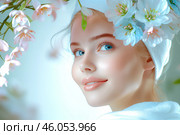 Красивая девушка с нежными цветами. Концепция красоты, уход за кожей лица. Стоковое AI-изображение, AI-художник Щеголева Ольга / Фотобанк Лори