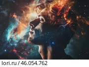 Man exploring universe inside mind, double exposure portrait with galaxy and stars. Стоковое AI-изображение, AI-художник Иван Рябоконь / Фотобанк Лори