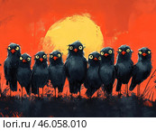 A group of black crows or birds with a comical and slightly anxious expression on their faces. Their eyes are wide open and their beaks appear slightly crooked, giving them a funny but slightly sinister appearance. The birds are standing in a row against a red sunset or sunrise sky with a large yellow sun in the center. The style of the drawing resembles a cartoon or modern digital art with rough brushstrokes and texture. The atmosphere of the image may convey a sense of anxiety, curiosity, or hidden surrealism. Стоковое AI-изображение, AI-художник Анна Кривицкая / Фотобанк Лори