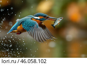 A colourful kingfisher in the act of hunting, holding a fish in its beak. The bird flies out of the water, and drops of water fly around it, creating the effect of movement. The kingfisher stands out with its rich colours – turquoise-blue and orange-brown plumage. The fish in its beak is still fluttering, adding drama to the scene. The background is blurred, which emphasizes the sharpness and detail of the bird and its prey. Стоковое AI-изображение, AI-художник Анна Кривицкая / Фотобанк Лори