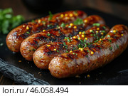 Juicy, delicious sausages cooked on the grill. They have a golden crust with characteristic crispy stripes and are covered with small drops of fat, which makes them look even more tempting. The sausages are sprinkled with fresh herbs and mustard seeds, which add piquancy and visual contrast. Served on a black stone platter, which emphasizes the rich warm shades of meat. Fresh green herbs are slightly blurred in the background, creating a feeling of home comfort or a summer picnic. Стоковое AI-изображение, AI-художник Анна Кривицкая / Фотобанк Лори