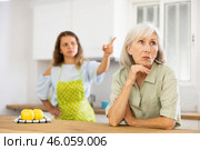 Offended senior woman at kitchen and listening daughter swearing. Стоковое фото, фотограф Яков Филимонов / Фотобанк Лори