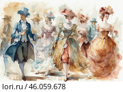 The watercolor illustration depicts the aristocratic society of the 18th century. Men and women are dressed in luxurious outfits with full skirts, corsets, hats, lace and feathers. The color palette is soft, pastel, creating an atmosphere of lightness and elegance. Men in elegant frock coats and cocked hats, and ladies adorn themselves with sophisticated accessories typical of the Rococo era. The dynamics of the painting convey a sense of celebration, a walk or an important event in high society. The background is blurred, creating the effect of movement and a romantic mood. Стоковое AI-изображение, AI-художник Анна Кривицкая / Фотобанк Лори