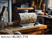 Old manual dough sheeter imprinting baking shapes on bread dough in bakery. Стоковое AI-изображение, AI-художник Иван Рябоконь / Фотобанк Лори