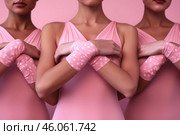 Three ballet dancers displaying graceful poise in pink. Стоковое AI-изображение, AI-художник Иван Рябоконь / Фотобанк Лори