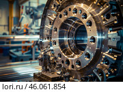 Close up of milling machine creating metal detail at factory. Стоковое AI-изображение, AI-художник Иван Рябоконь / Фотобанк Лори
