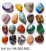 Colorful polished gemstones collection on white background. Стоковое AI-изображение, AI-художник Иван Рябоконь / Фотобанк Лори