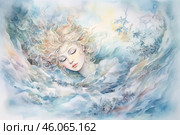 A mystical girl with closed eyes, as if immersed in sleep or in another dimension. Her golden curly hair smoothly intertwines with the surrounding space, reminiscent of a winter landscape or an ice kingdom. The background is made in soft blue, white and pastel shades, creating a feeling of lightness, weightlessness and cold. Light watercolor strokes form images of frost, branches and snow whirlwinds, which emphasizes the fairy-tale atmosphere of the painting. Стоковое AI-изображение, AI-художник Анна Кривицкая / Фотобанк Лори