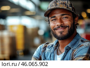 Smiling truck driver and industrial warehouse setting on background. Стоковое AI-изображение, AI-художник Владимир Григорьев / Фотобанк Лори