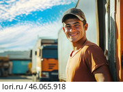 Hispanic lgv driver, delivery worker, early 20s, standing by his truck under clear blue sky. Стоковое AI-изображение, AI-художник Владимир Григорьев / Фотобанк Лори