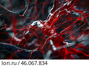 Blood vessel with capillaries expanding and flowing showing blood cells and arteries. Стоковое AI-изображение, AI-художник Иван Рябоконь / Фотобанк Лори