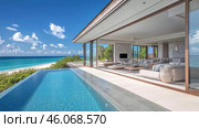 Modern luxury beachfront villa with infinity pool overlooking tropical ocean. Стоковое AI-изображение, AI-художник Юрий Поздников / Фотобанк Лори