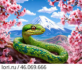 Змея - символ Года - 3 Змея, сакура, гора Фуджи. Стоковое AI-изображение, AI-художник Казума / Фотобанк Лори