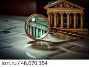 Magnifying glass focusing on replica courthouse on newspaper symbolizing legal scrutiny. Стоковое AI-изображение, AI-художник Иван Рябоконь / Фотобанк Лори