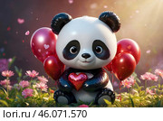 Charming panda chibi with huge sparkling eyes, clutching a heart-shaped balloon against the background of a bright flower garden, radiating joy. Стоковое AI-изображение, AI-художник Александр Поташев / Фотобанк Лори