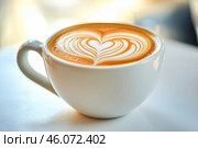 Frothing cappuccino with heart latte art in a white cup. AI generated. Стоковое AI-изображение, AI-художник Ольга Губская / Фотобанк Лори