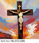 The crucified figure on the cross, adorned with a crown of thorns, symbolizes resurrection and hope at Calvary, set against a backdrop of vibrant colors and dramatic clouds. Generative AI. Стоковое AI-изображение, AI-художник Юлия Петровская / Фотобанк Лори