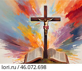 The artwork features a crucifixion scene with Christ on the cross, surrounded by a colorful explosion representing resurrection. Generative AI. Стоковое AI-изображение, AI-художник Юлия Петровская / Фотобанк Лори