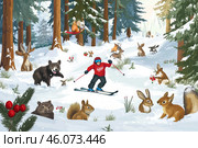 Зимние забавы в лесу: лыжник на склоне среди лесных зверей и снежных пейзажей. Стоковое AI-изображение, AI-художник Сергей Никифоров-Гордеев / Фотобанк Лори