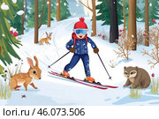 Зимний лыжник проскакивает мимо лесных зверей среди снежных лесов и ягод. Стоковое AI-изображение, AI-художник Сергей Никифоров-Гордеев / Фотобанк Лори
