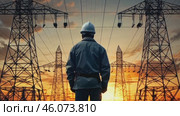 Professional electrician with blueprint and helmet near high voltage tower, close-up. Overhead power line pylons, high voltage pylons. Power transmission towers and lines at sunset. Photo of high voltage transmission tower, also known as transmission tower. Стоковое видео, видеограф ALLA YURTAYEVA / Фотобанк Лори